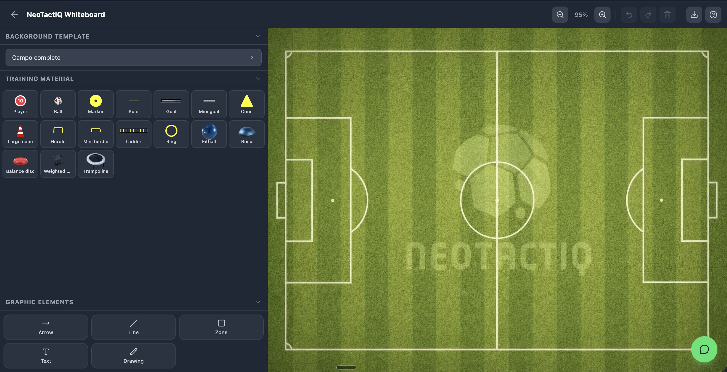 soccer tactical board by NeoTactIQ in English, with training material panel and full-pitch background template.