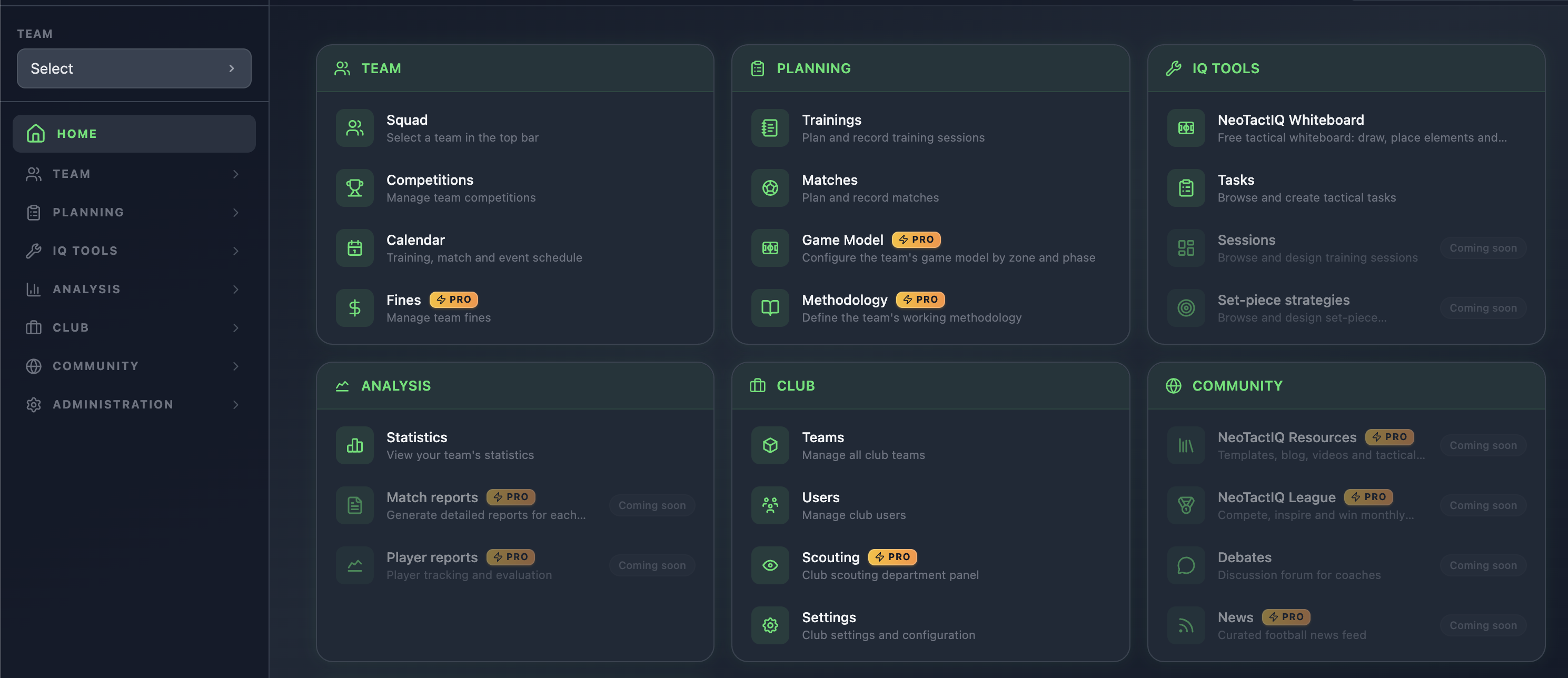 Dashboard soccer coaches app NeoTactIQ