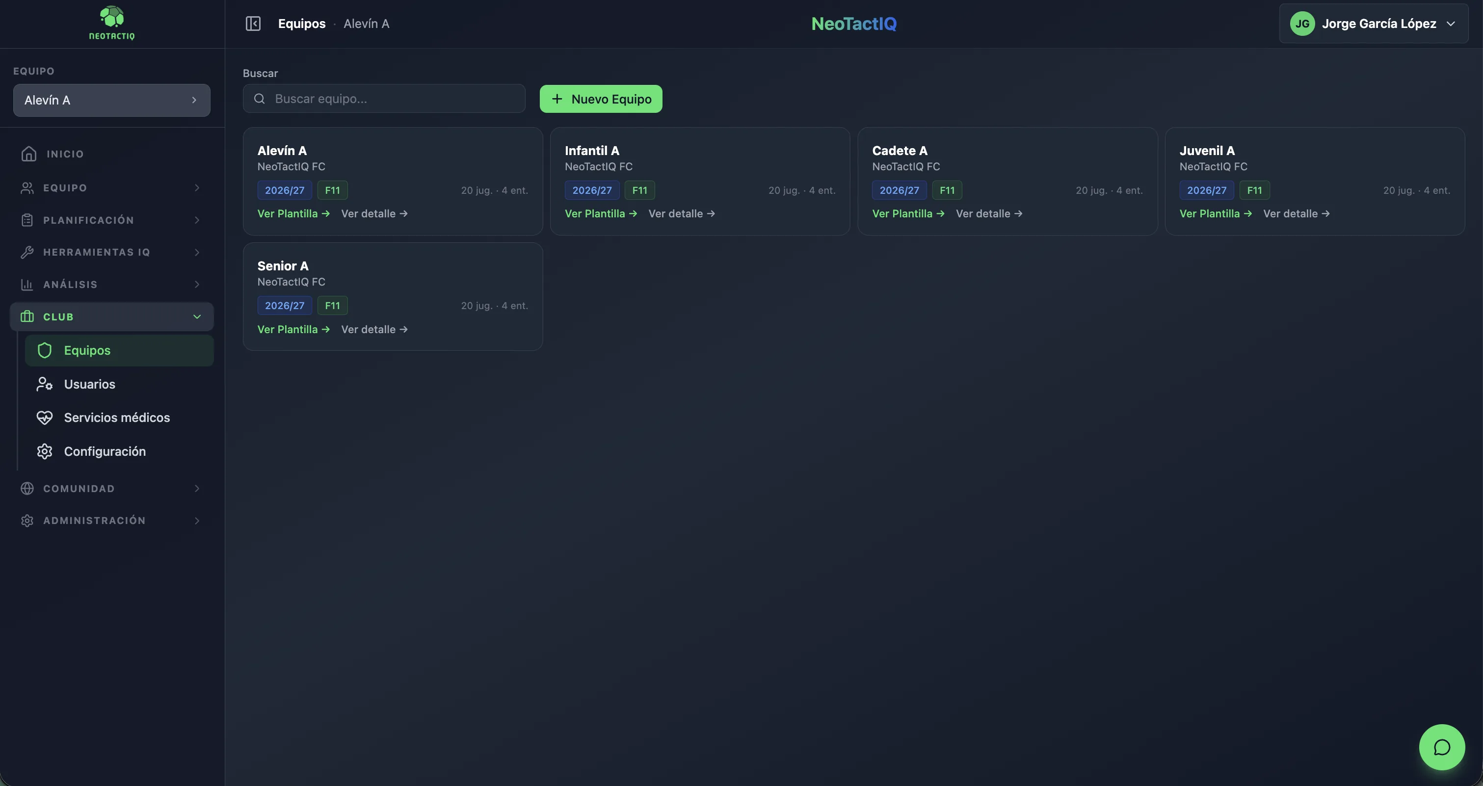 Club teams in NeoTactIQ