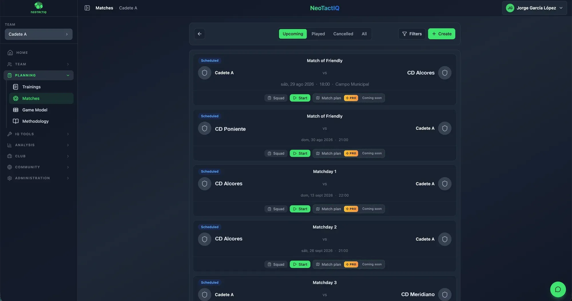 Matches list screen in the NeoTactIQ app