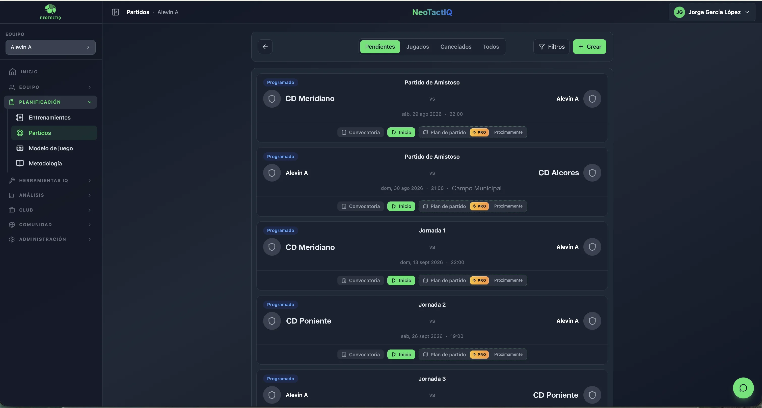 Listado de partidos en la app NeoTactIQ
