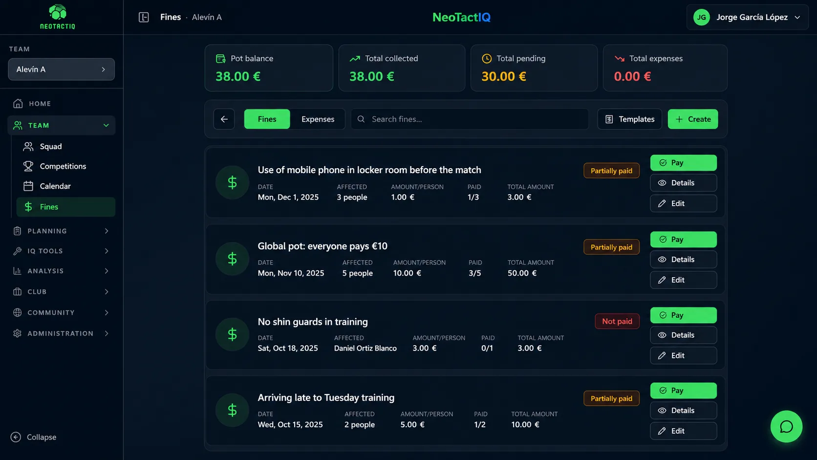 Fines screen in the NeoTactIQ app