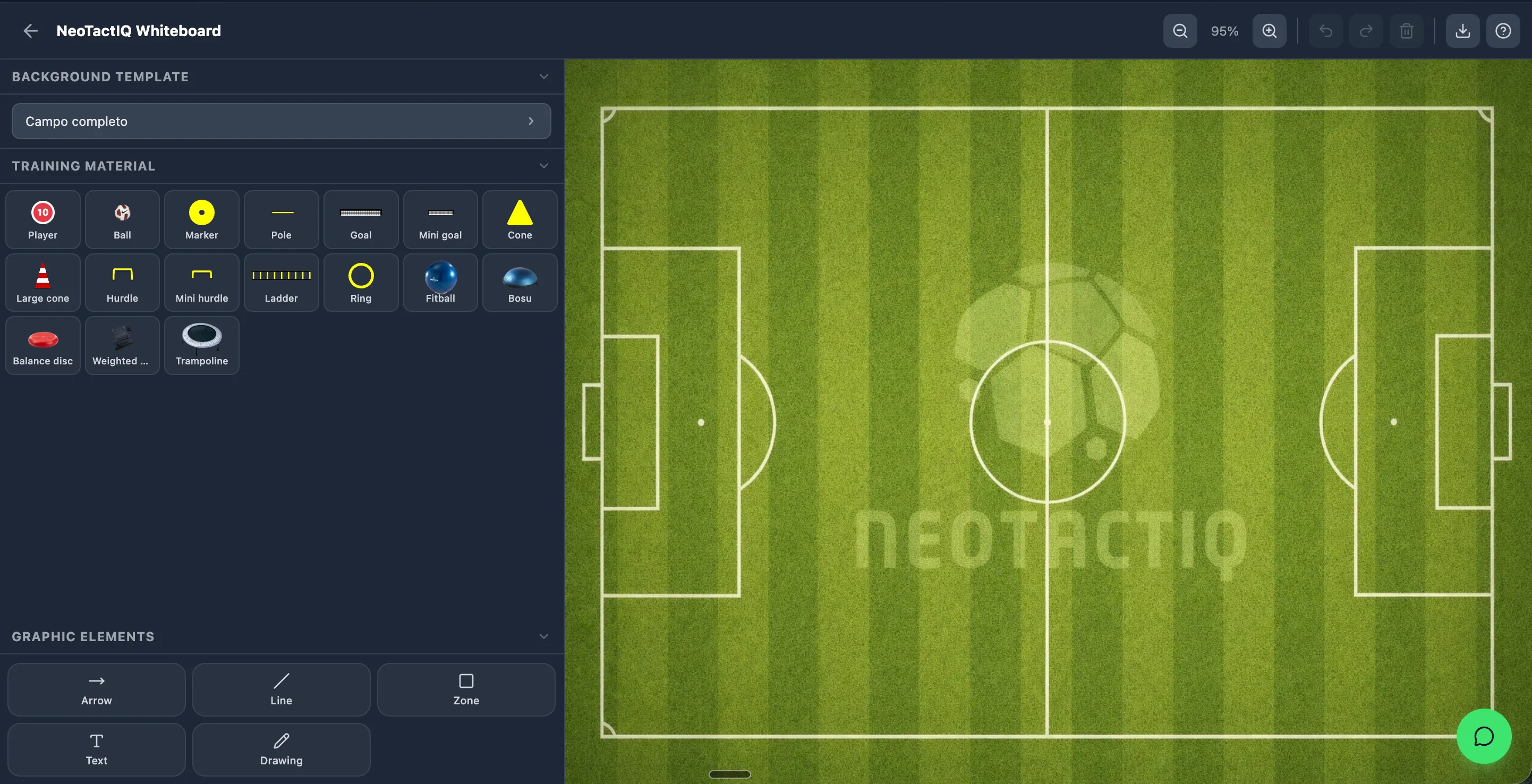 soccer tactical board by NeoTactIQ in English, with training material panel and full-pitch background template.