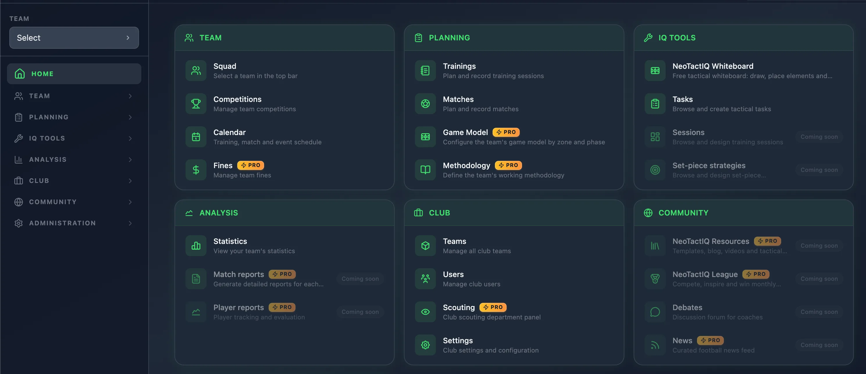 Dashboard soccer coaches app NeoTactIQ