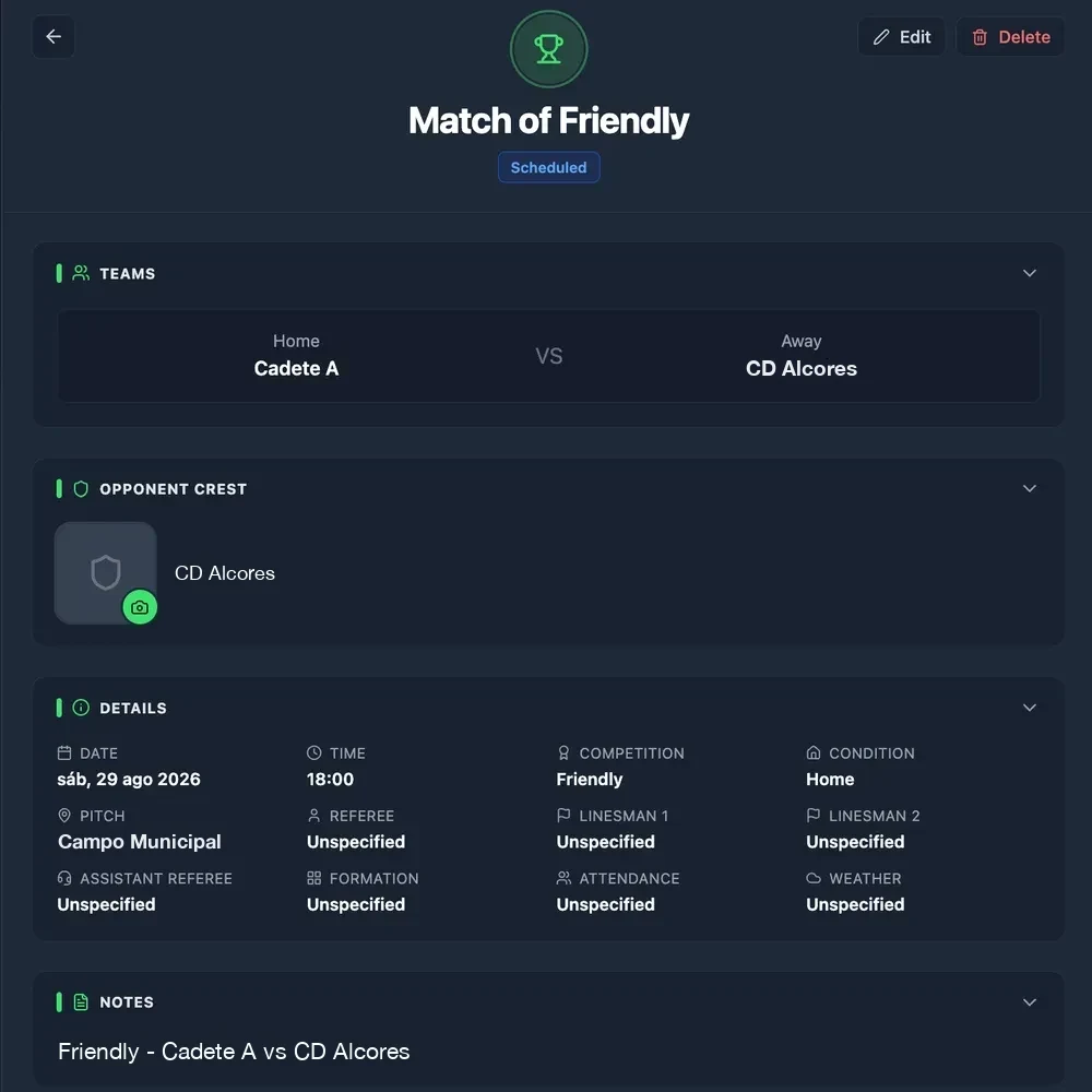 Match detail with squad selection in NeoTactIQ