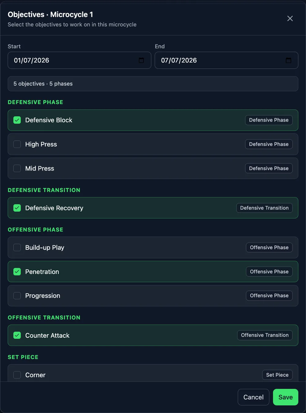 Microcycle objectives in NeoTactIQ
